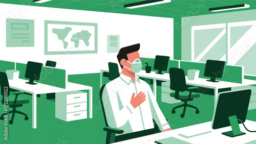 illustration of tAn employee with asthma feeling safe and comfortable in an office with good air quality and clear allergen policies.eps