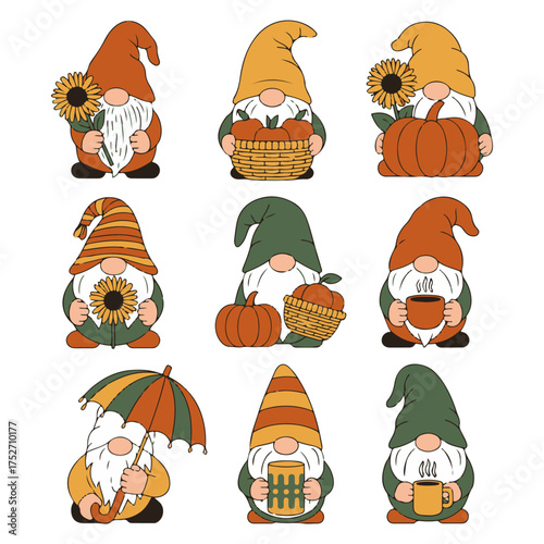 A delightful collection of nine cartoon gnomes celebrating the autumn harvest. A whimsical concept for fall seasonal decor featuring pumpkins, sunflowers, and cozy mugs