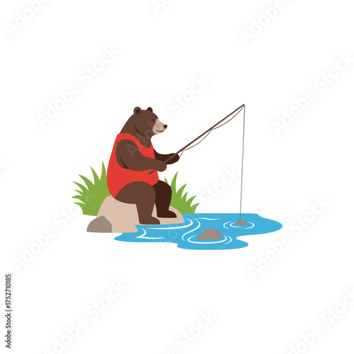 Adorable cartoon bear sits on a rock patiently fishing for a meal in a clear blue river vector