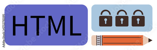 HTML block text with locks symbolizing security and pencil for coding or creativity. Ideal for web design, programming, cybersecurity, education, creative tools, learning platforms, and digital