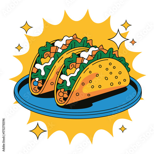 A vibrant and stylized retro cartoon illustration of three delicious crunchy tacos on a plate, representing a classic Mexican food meal or snack concept
