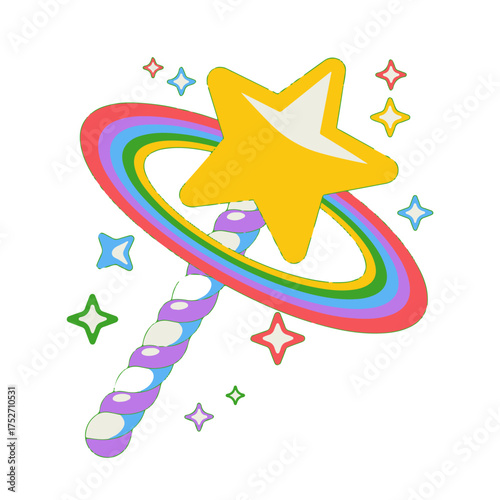 A whimsical retro-style magic wand with a bright yellow star surrounded by a vibrant rainbow ring and colorful sparkles, an icon of enchantment and wishes