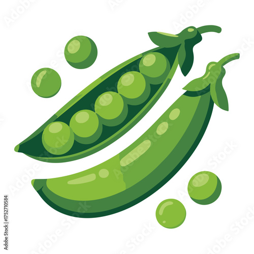 Vibrant green fresh peas and open pea pods scattered on a white background, representing healthy organic garden produce and nutritious vegetables, perfect for cooking designs