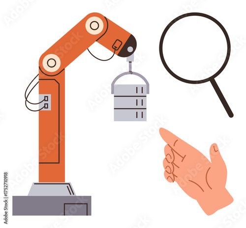 Robotic arm holding server rack, magnifying glass for analysis, pointing hand for direction. Ideal for technology, automation, data management, industry, innovation research teamwork. Simple flat