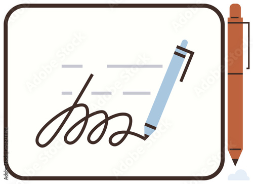 Blue pen drawing an elegant signature on paper with text lines in a minimalist design. Ideal for business branding, contract signing, legal agreements, professionalism, communication, office tools