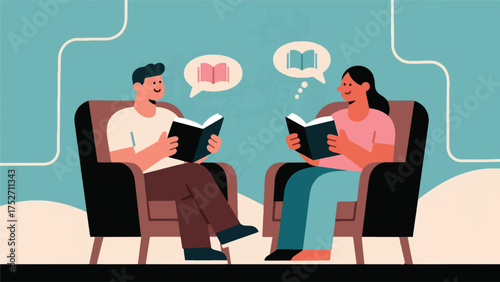 Illustration Of Two Book Lovers Are Chatting About A New Book They Just Finished Vector Design Template