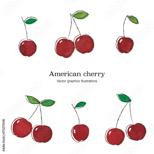 水彩タッチなアメリカン・チェリーのイラストセット