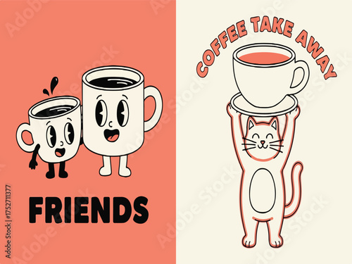 Retro Cartoon Coffee Mugs Characters and Cute Cat Holding Take Away Cup Vector Set