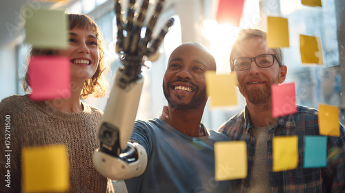 Diverse and Inclusive Business Team with Prosthetic Arm Brainstorming with Sticky Notes