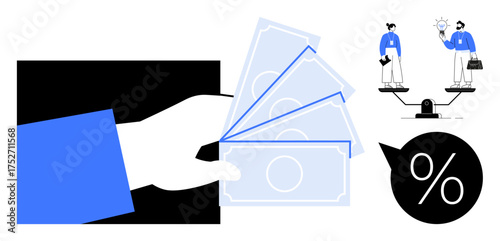 Hand holding currency notes, two characters on a scale exchanging ideas, and a percentage bubble. Ideal for finance, business, investments, savings, loans, equality and decision-making concepts