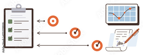Actionable checklist, prioritized targets, progress chart with upward graph, signed agreements. Ideal for planning, productivity, organization, evaluation, workflow goal tracking business growth