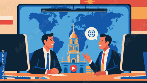 Illustration Of Two Business Partners From Different Countries Are Having A Video Chat Vector Design Template