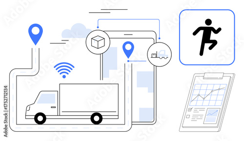 Truck on route with location markers, connected device displaying logistics info, progress icon, and analytics chart. Ideal for delivery, transportation, technology, mobility, logistics tracking