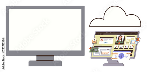 Desktop screen connecting to cloud with online dashboard, data charts, user profile, and notifications. Ideal for cloud computing, data access, digital workspace, online storage, collaboration