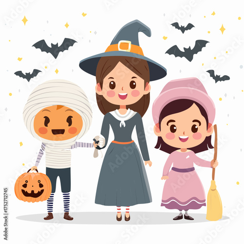 Vector art of cute Halloween characters: witch, vampire, ghost, and mummy in cartoon flat style, pastel Halloween palette