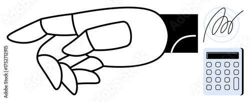 Robotic hand pointing towards a calculator and signature circle. Ideal for automation, fintech, robotics, innovation, digital transactions, data processing, electronic signature. Modern simple flat