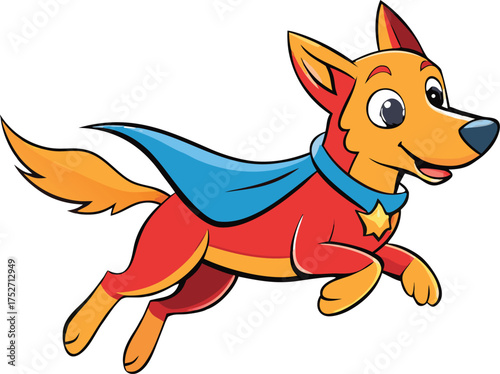 Energetic cartoon superhero dog with red cape and star emblem running with speed canine animal