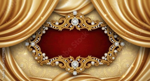 Curtain rod ornament features ornate gold drapery with crown-like centerpiece, decorative beads and filigree, elegant stage theater backdrop for
