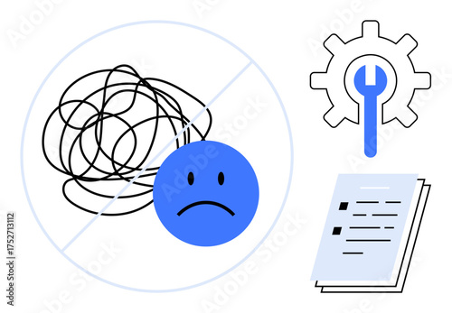 Sad face beside tangled lines, crossed out for problem-solving concept. Adjacent gear with wrench and checklist suggest solutions. Ideal for planning, process improvement, clarity, problem-solving
