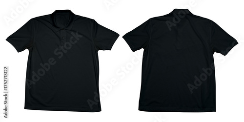 Black polo shirt front and back view isolated on white background for apparel mockup and fashion design