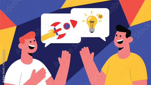 Illustration Of Two Partners Are Chatting About A New Ground Breaking Idea Vector Design Template