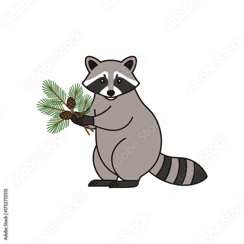 Adorable raccoon character holding pine branches with pinecones in a charming wildlife scene vector