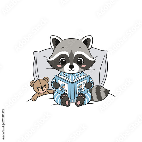 Adorable raccoon character dressed in pajamas reads a book with teddy bear companion vector