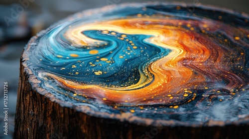 Abstract Resin Art on Wood Stump with Swirling Colors.