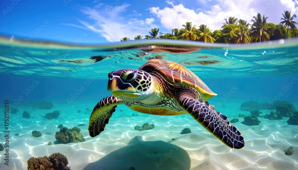 Obraz premium Sea Turtle Swimming in Turquoise Water near Sandy Bottom with Coral Reef and Tropical Island Under Blue Sky