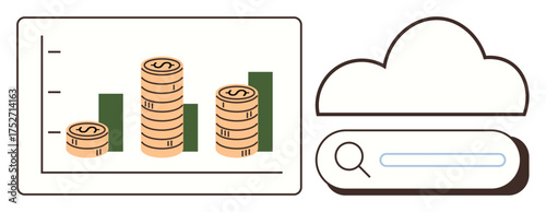Stacked coin graphics alongside a bar chart for financial analysis and a cloud search bar tool. Ideal for finance, investment, analytics, digital storage, technology, cloud computing, management. A