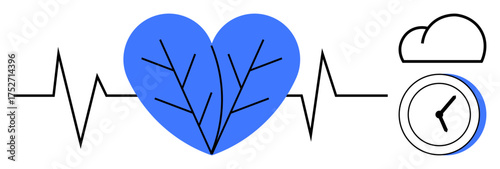 Blue heart with branches amid heartbeat line, clock, and cloud emphasizing health, time management, wellness. Ideal for healthcare, time balance, well-being, nature lifestyle mindfulness simple