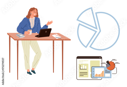 Woman discussing analytics at desk with laptop, coffee, and reports. Visuals include pie charts and graphs. Ideal for productivity, business strategy, teamwork, data analysis, planning