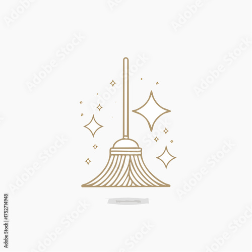 Elegant Gold Line Art Broom with Sparkles.