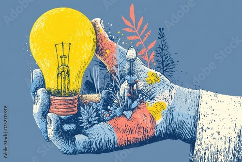 Surreal artwork of hand holding glowing light bulb with nature elements