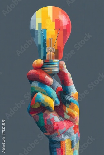 Colorful illustrated hand holding a filament light bulb in geometric patterns