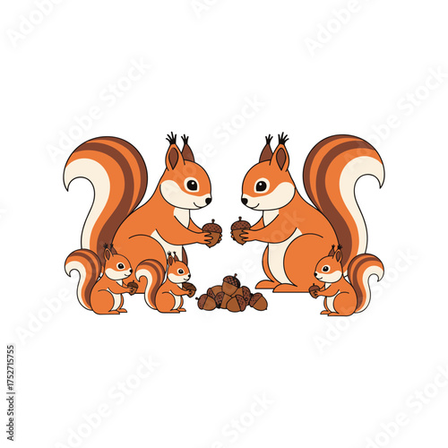 Charming family of squirrels sharing nuts in a whimsical forest scene illustration vector