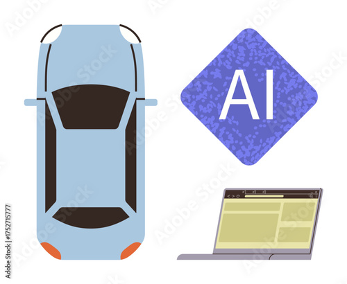 Blue top-view car with AI icon and laptop screen for AI applications. Ideal for smart transport, machine learning, technology, automation, mobility, innovation, productivity. Simple flat metaphor