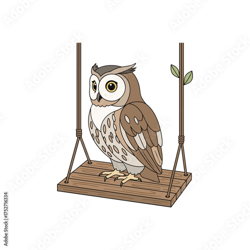 Charming wooden owl figurine perched on a rustic swing with branch detail vector