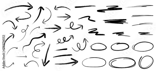 Hand drawn arrows, circles, and lines set, sketch style vector icons collection on transparent background