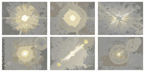 Abstract mosaic of glowing light sources with lens flares and bokeh effects in muted tones