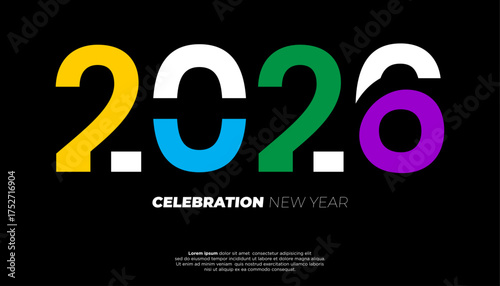 Boldly colored 2026 numerals on a black background with celebration and new year text Graphic Modern