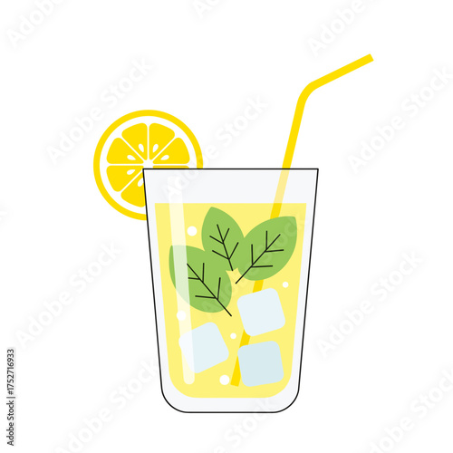 Lemonade with mint in a glass with ice and straw on white background  