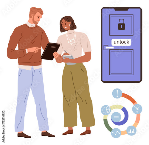 Two professionals analyzing data on a tablet, blue door with lock and unlock text, progress chart. Ideal for teamwork, collaboration, problem-solving, strategy, innovation, productivity learning
