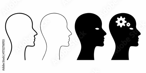 Evolution of thought and consciousness depicted through human head silhouettes and gears