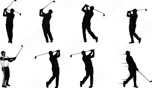 Golf swing silhouettes, sports motion, athletic posture, swing sequence, black and white, golf training, body alignment, vector illustration, sports technique, dynamic movement, golf stance, swing 
