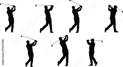 Golf swing silhouettes, sports motion, athletic posture, swing sequence, black and white, golf training, body alignment, vector illustration, sports technique, dynamic movement, golf stance, swing 