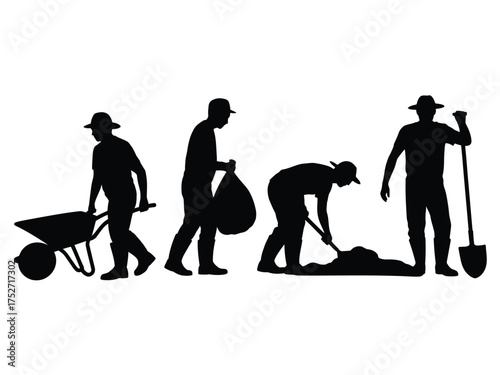 Black silhouettes of farm workers with tools and materials field wheelbarrow