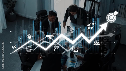 Engaging business team collaborates in a modern office, analyzing data and projecting growth through strategic planning and effective communication for success. Raster