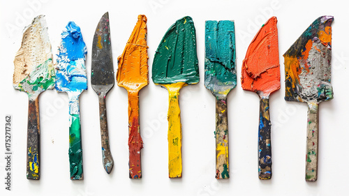 Fototapeta Naklejka Na Ścianę i Meble -  Row of used palette knives covered in thick, vibrant oil or acrylic paint, showing texture for art and painting.