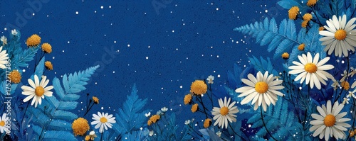 Beautiful floral arrangement with daisies and leaves on a starry blue background
